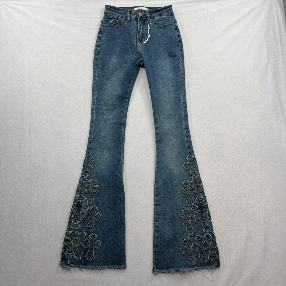 Bamboo Jeans Flare Pants Gothic Cross Appliqué Blue Denim Womens Size 00